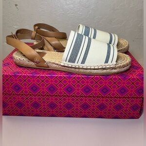 Tory Burch Womens Awning Striped Ivory Blue Espadrilles Sandals Size 7